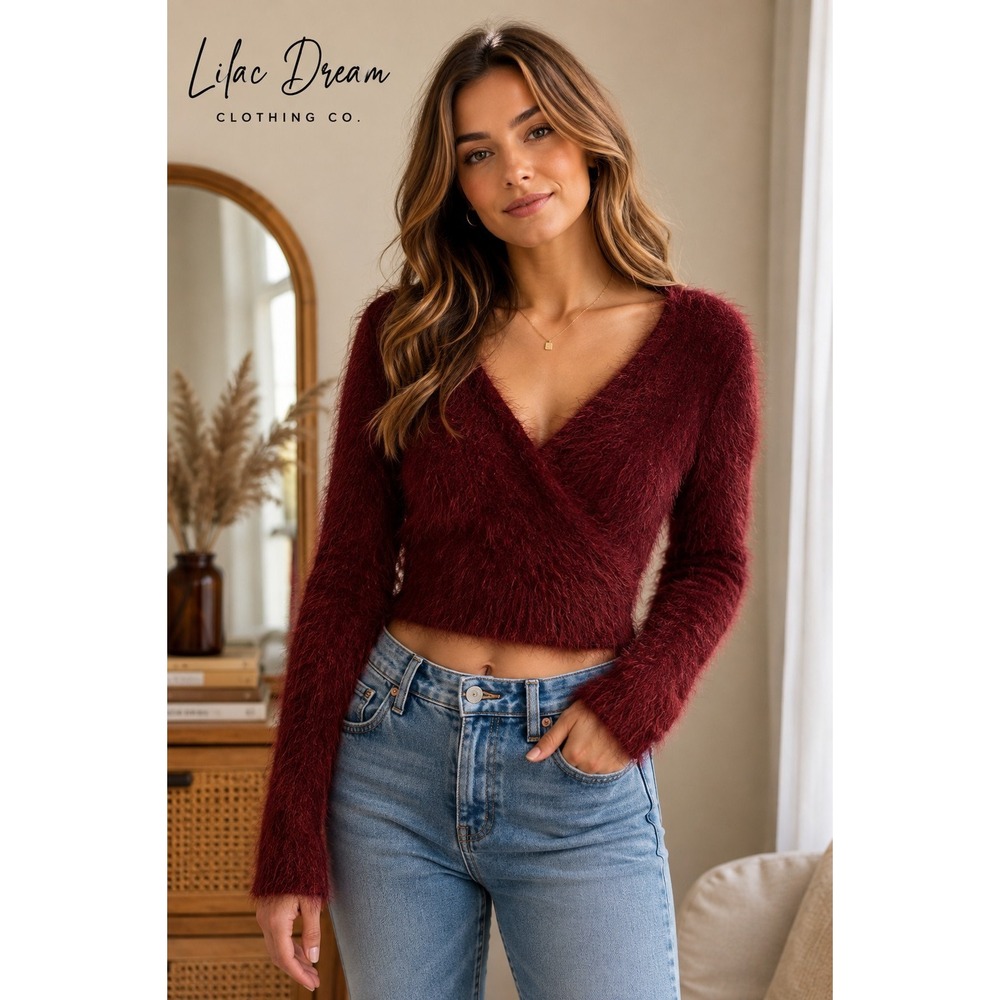 Lilac Dreams Sweater Fuzzy Eyelash Burgundy Y2K Cozy Crop Top Size Medium